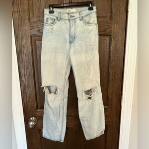 Zara Faded Blue Distressed Wide Leg Jeans